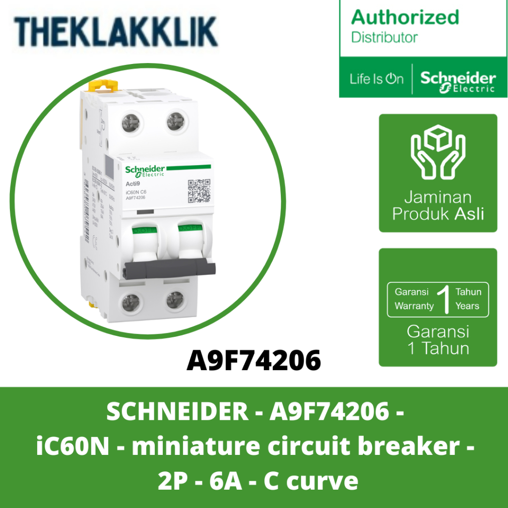 SCHNEIDER - A9F74206 - IC60N - เซอร์กิตเบรกเกอร์ขนาดเล็ก - 2P - 6A - C Curve