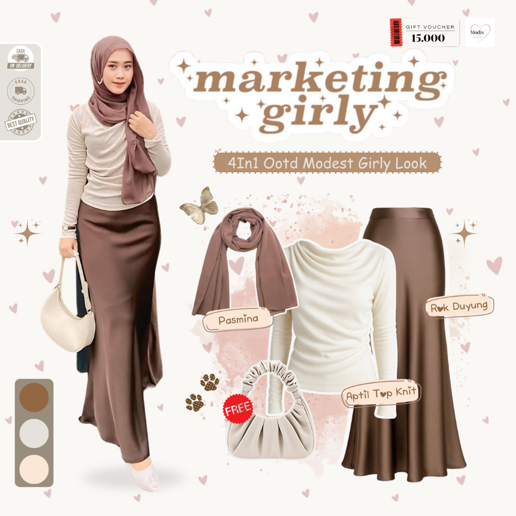 Liya Outfit Renaja Kekunian (Hijab + เสื้อ + กระโปรง + กระเป๋า) ชุดกระโปรงฮิญาบสไตล์เกาหลี - ML17