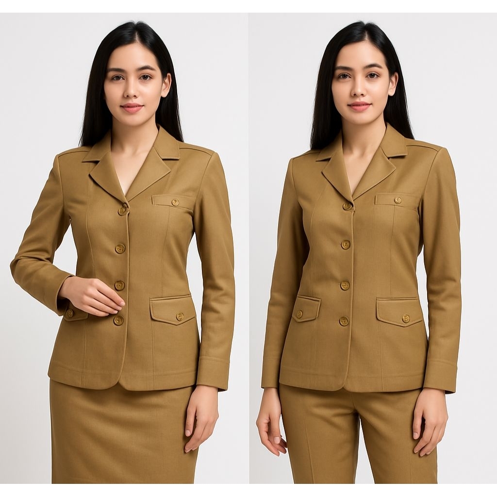 ชุดข้าราชการสตรีกระโปรงสีน้ําตาลอ่อนและกางเกงสูทคอปกขนาด SS - S - M - L - XL - XXL - 4L - 5L ASN PNS
