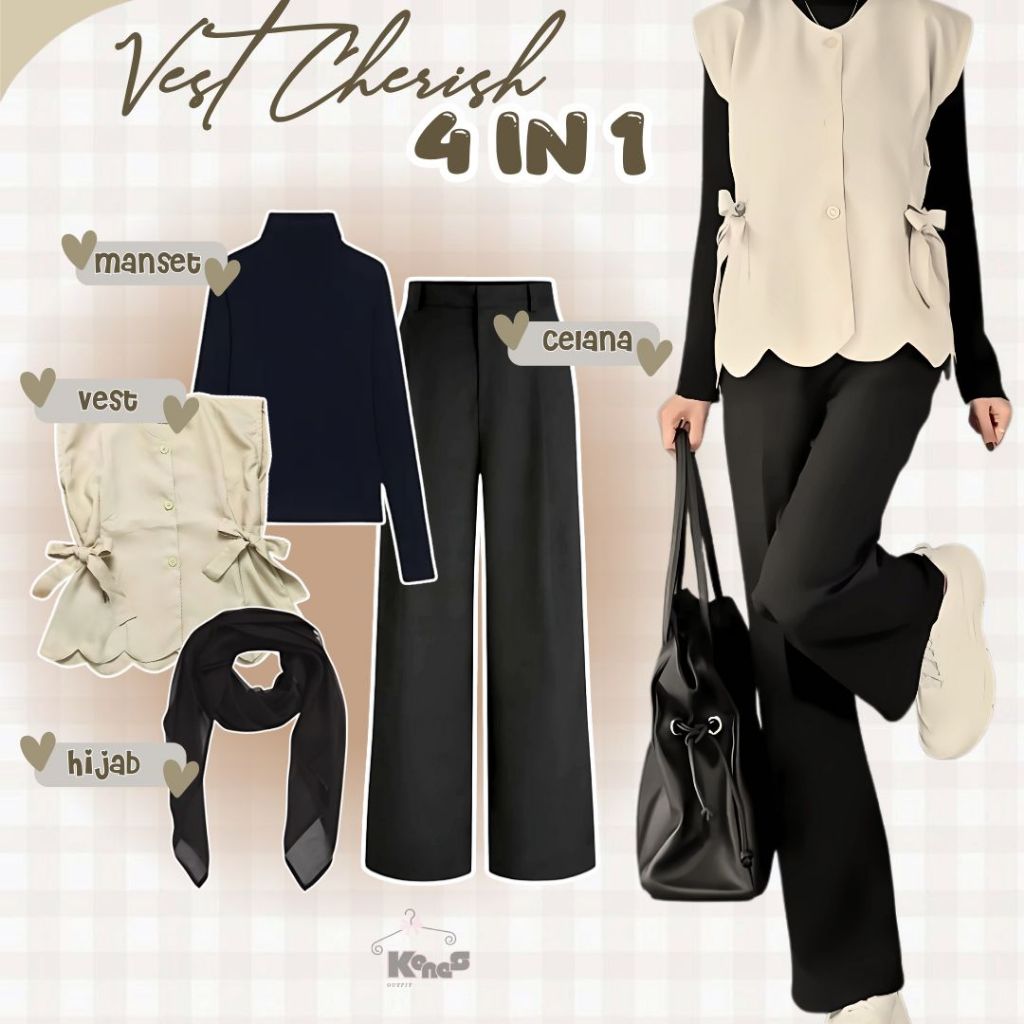 ONESET 4 IN 1 (เสื้อกั๊ก Cherish, Hijab Bella Square, Cuffs, Jennie Knit Pants) OUTFIT NONGKRONG - K