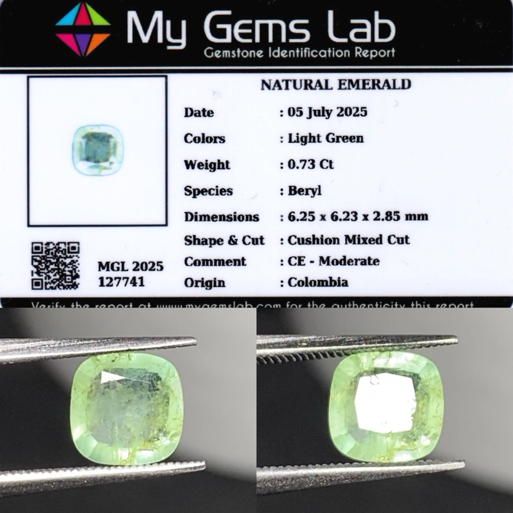 0.73 cs ธรรมชาติ Colombia Beryl Emerald (Zamrud) CE Moderate Memo My Gems Lab