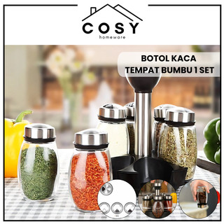 COSY Botol Kaca Tempat Bumbu 1 Set Bisa Diputar dengan Tutup Stainless Steel