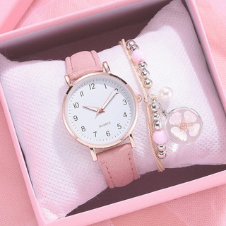 3PCS Dengan Kotak Hadiah - Jam Tangan Kuarsa Wanita Tali Kulit Dial Kecil Bulat Bercahaya Dengan Set Gelang