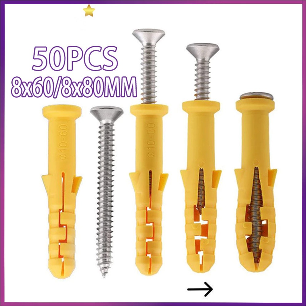 50 ชุด Viser ชุด Piser ชุด Anchor สกรู Bolts สกรูชุด Wall Anchor ไนลอน Wall Anchor