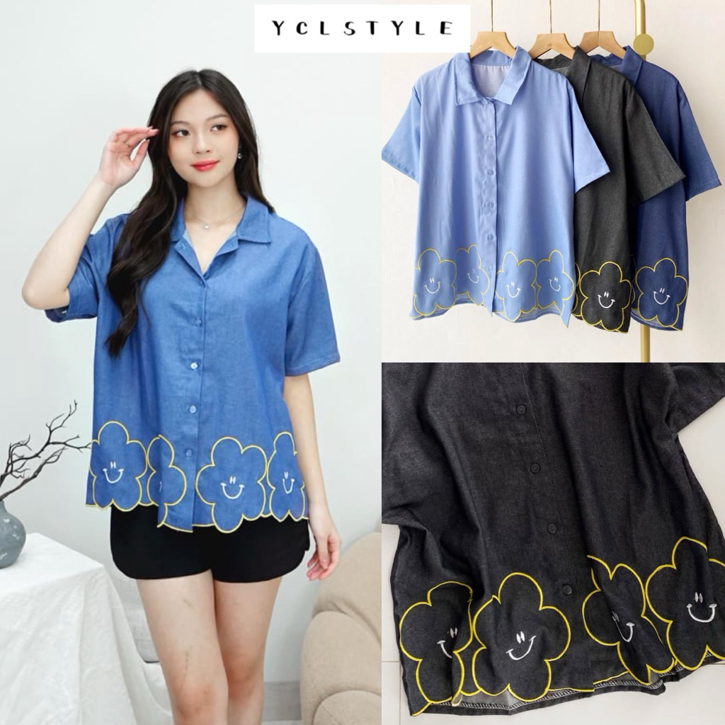 HAPPY TOP - CASUAL SMILE EMOJI EMBROIDERED DENIM BLOUSE | เสื้อท็อปผู้หญิงพร้อม EMOJI EMBROIDERY