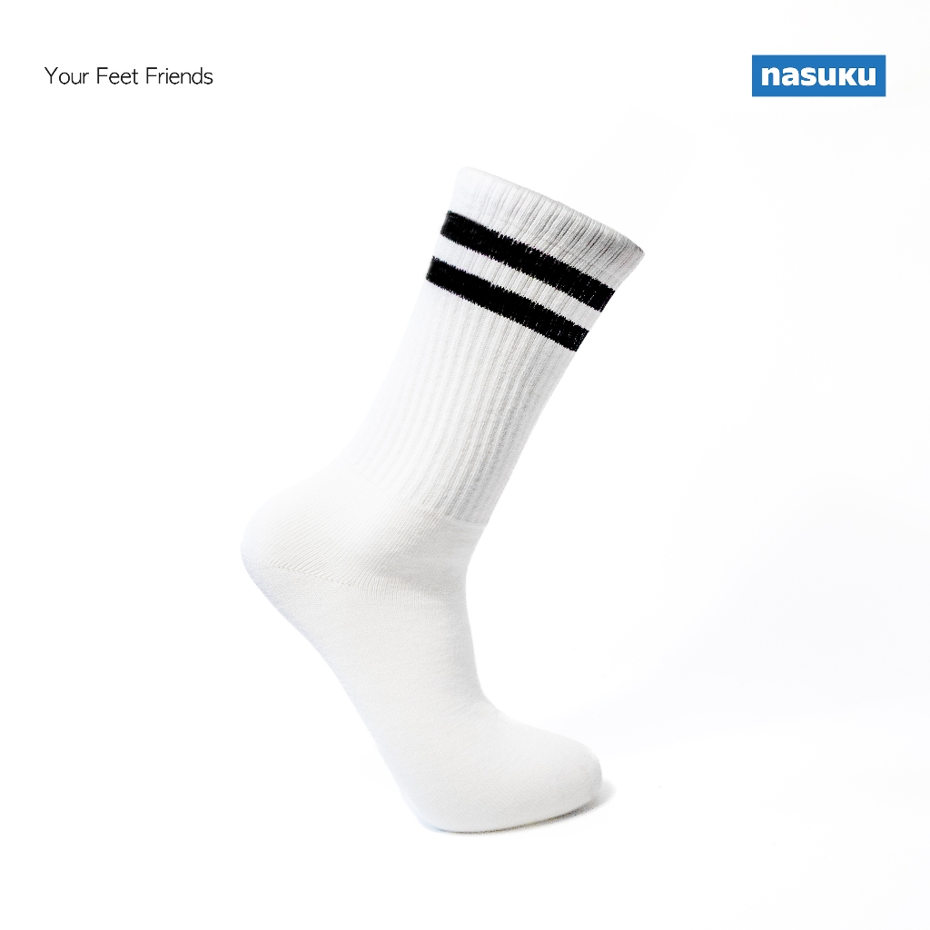 Nasuku - Oldschool Long White Socks - Oldschool Basic White Long Socks 2 แถบ