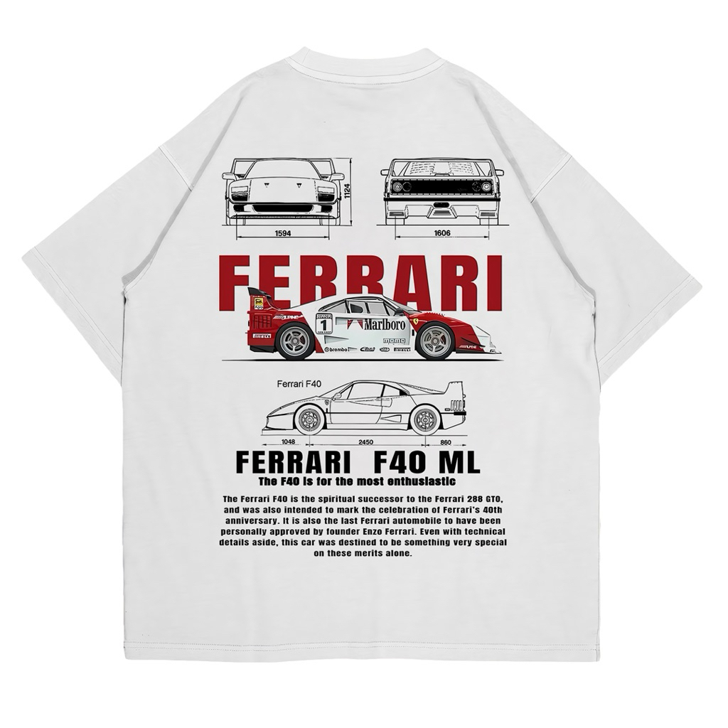 เสื้อยืด F1 FERRARI F40 ML | เสื้อยืดรถแข่ง | หวี พรีเมี่ยม 24s | ผู้ชายและผู้หญิง