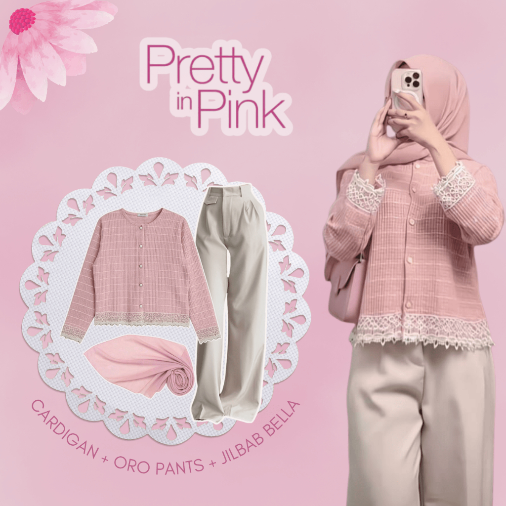 Outfit Hijab Casual Style (Cardigan Pink, Oro Pants Ivory, Jilbab Bella) OOTD Hangout Cute - LN20