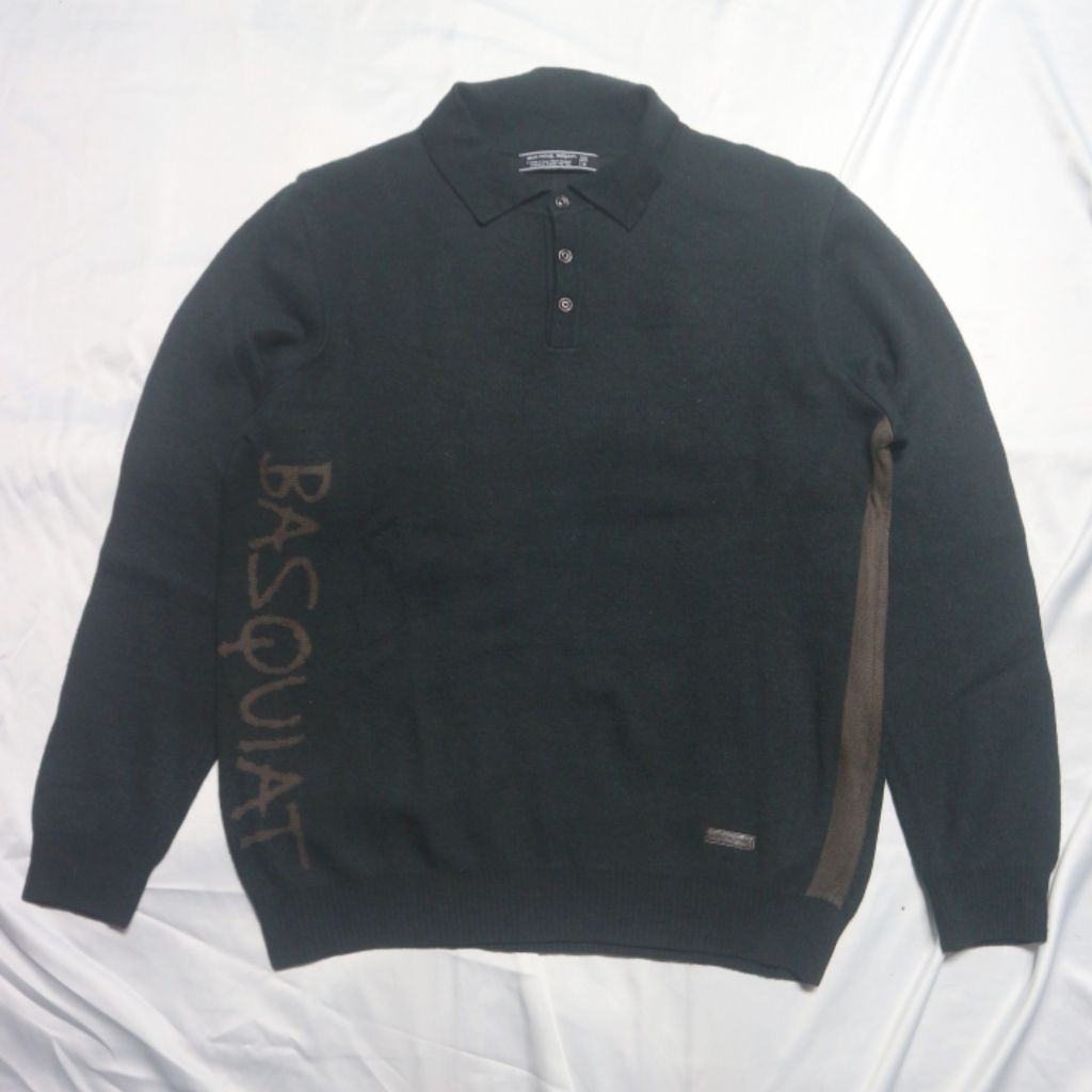 HIJAU JMB JEAN MICHEL BASQUIAT เสื้อโปโลยาว Ijo สีเขียว WON BIN เกาหลีนักแสดงโลโก้ใหญ่สีเขียวคอยาวแข