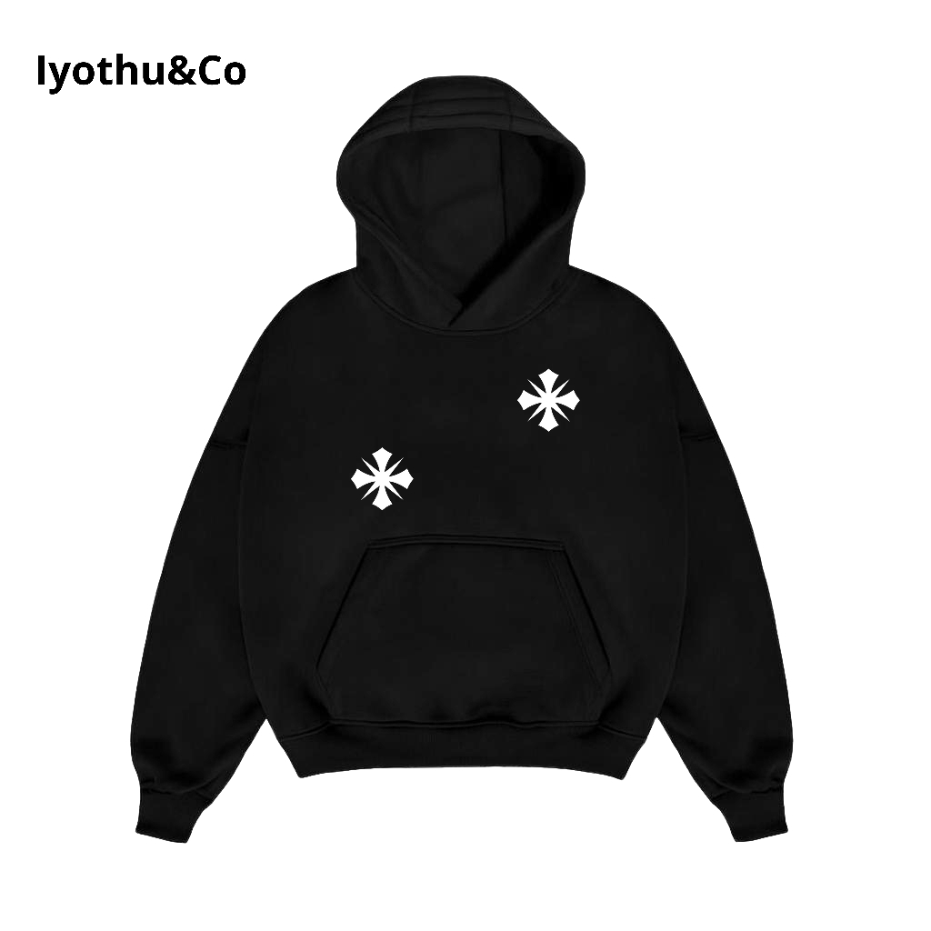 Boxy Hoodie สีดํา / สีดําผู้ชายและผู้หญิง Unisex Oversize Boxy Cross Hoodie