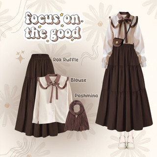 One Set Brown Korean Look | Blouse Pita + Rok Susun + Pashmina | Outfit OOTD Hijab Hangout IL01Y