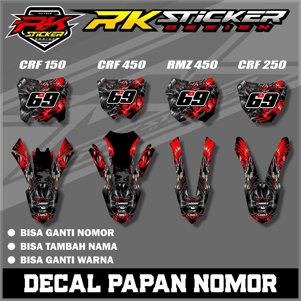 สติ๊กเกอร์บอร์ดและสติ๊กเกอร์บังโคลน CRF 150/250/450 และ RMZ 450 ชื่อและหมายเลขขอฟรี RK.003
