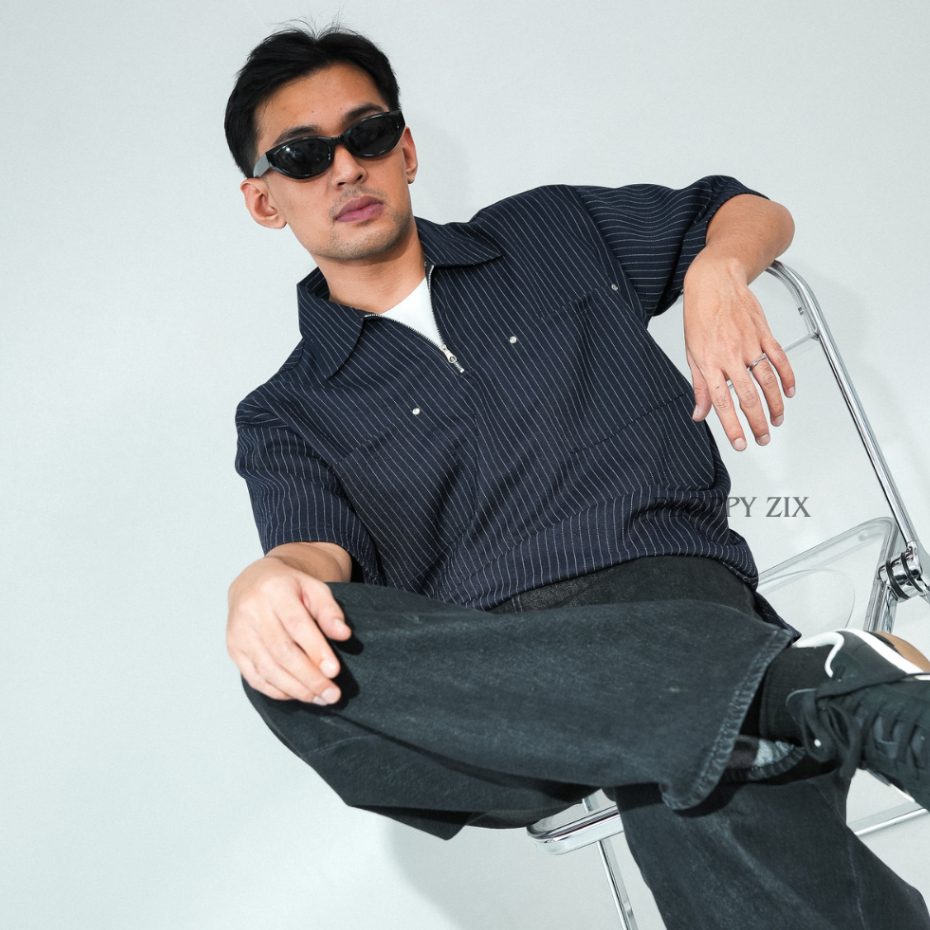 OVERSIZE STRIPE ZIPPER SHIRT / STRIPE SHIRT / SHORT-SLEEVED SHIRT / STRIPE SHIRT