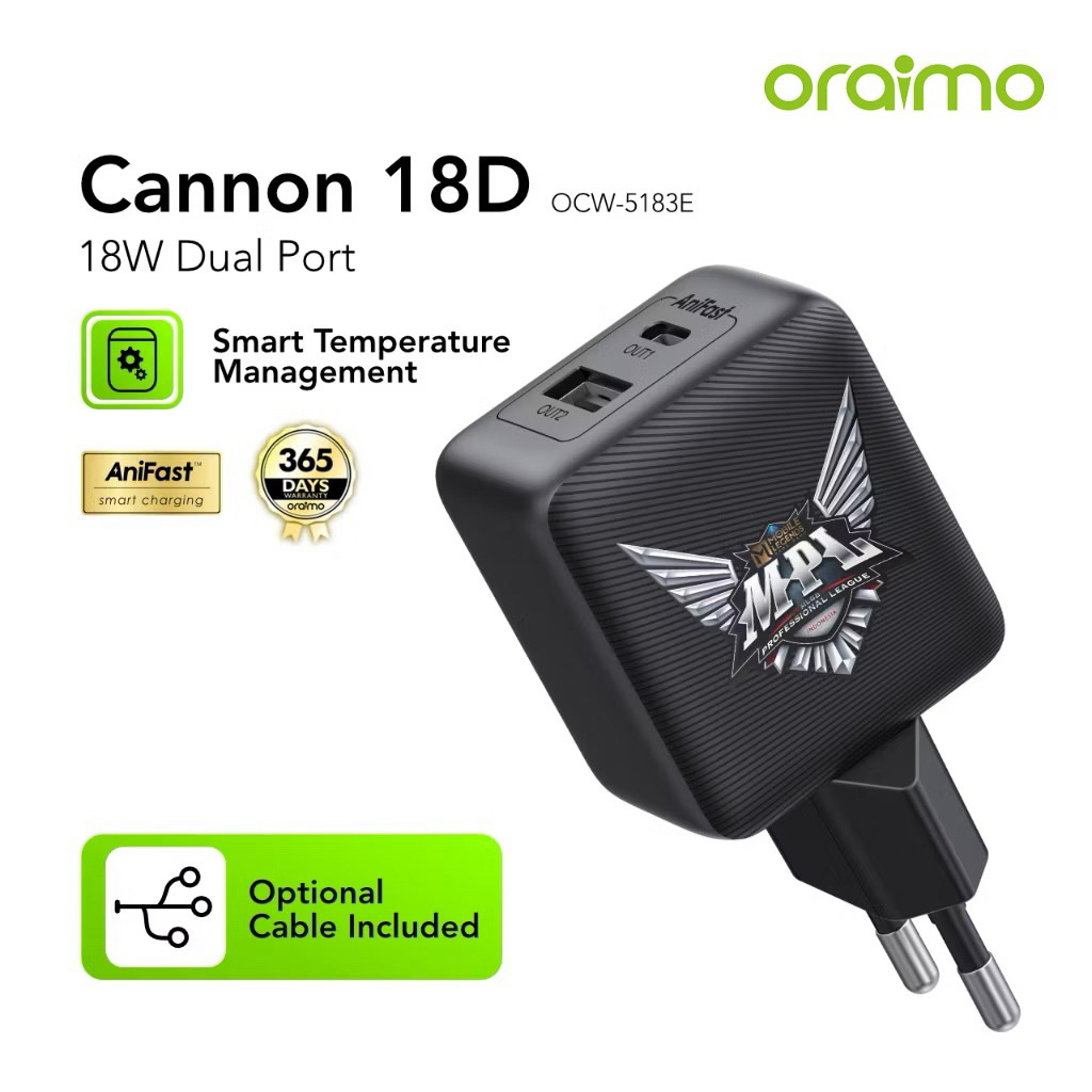 Oraimo Charger Cannon 18D MPL Mobile Legends OCW-5183E Dual Output 2A 18W Mini Fast CHARGING 3 พอร์ต