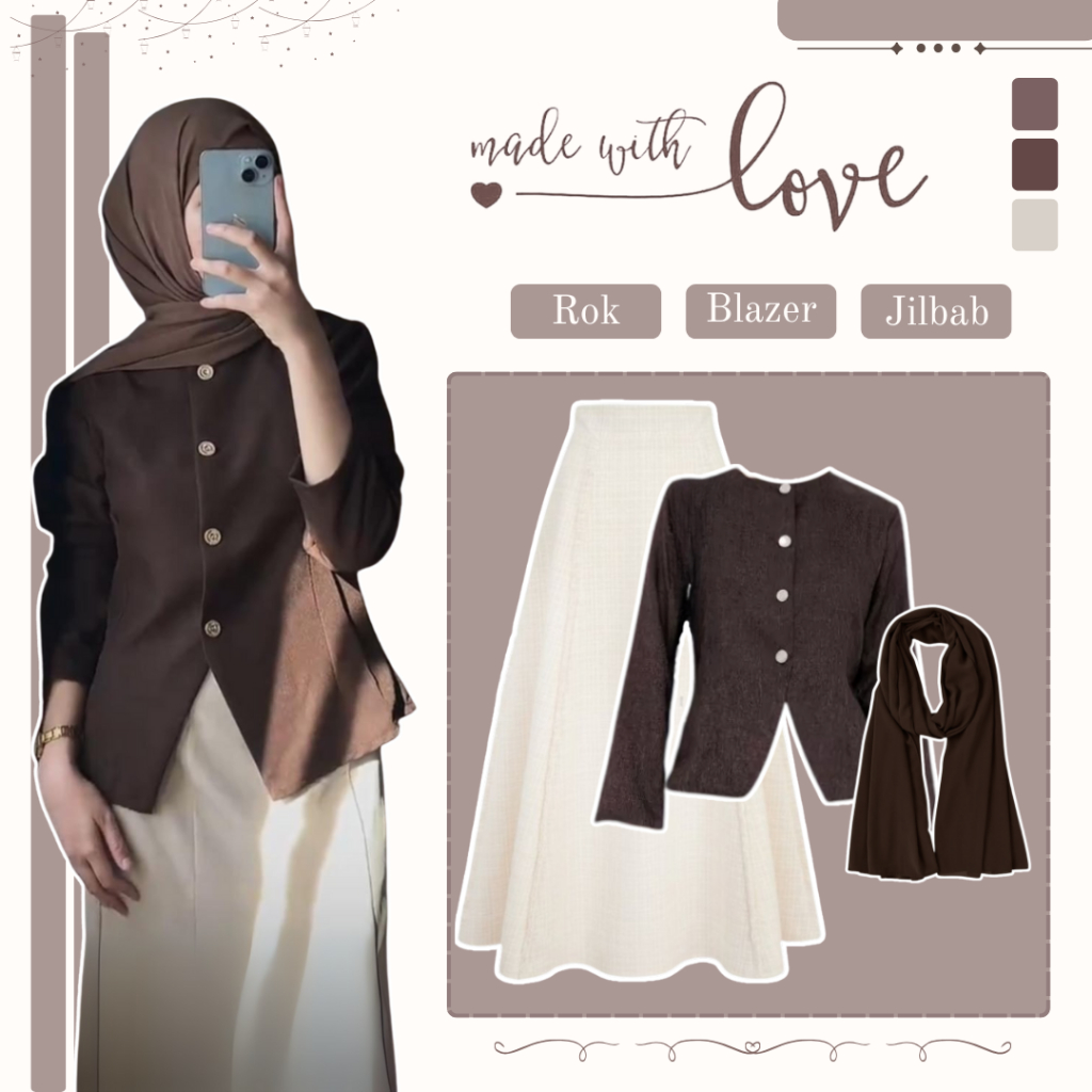 One Set 3in1 วัยรุ่นอินเทรนด์ (Blazer + กระโปรง Joda + Square Hijab) ชุดฮิญาบลําลอง ZL38N