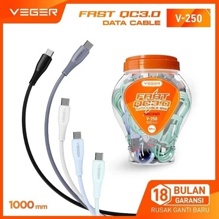 VEGER V-250 MICRO Fast Charging QC 3.0 12W Data Cable ORIGINAL OFFICIAL GUARANTE (1 กระปุก มี 15)