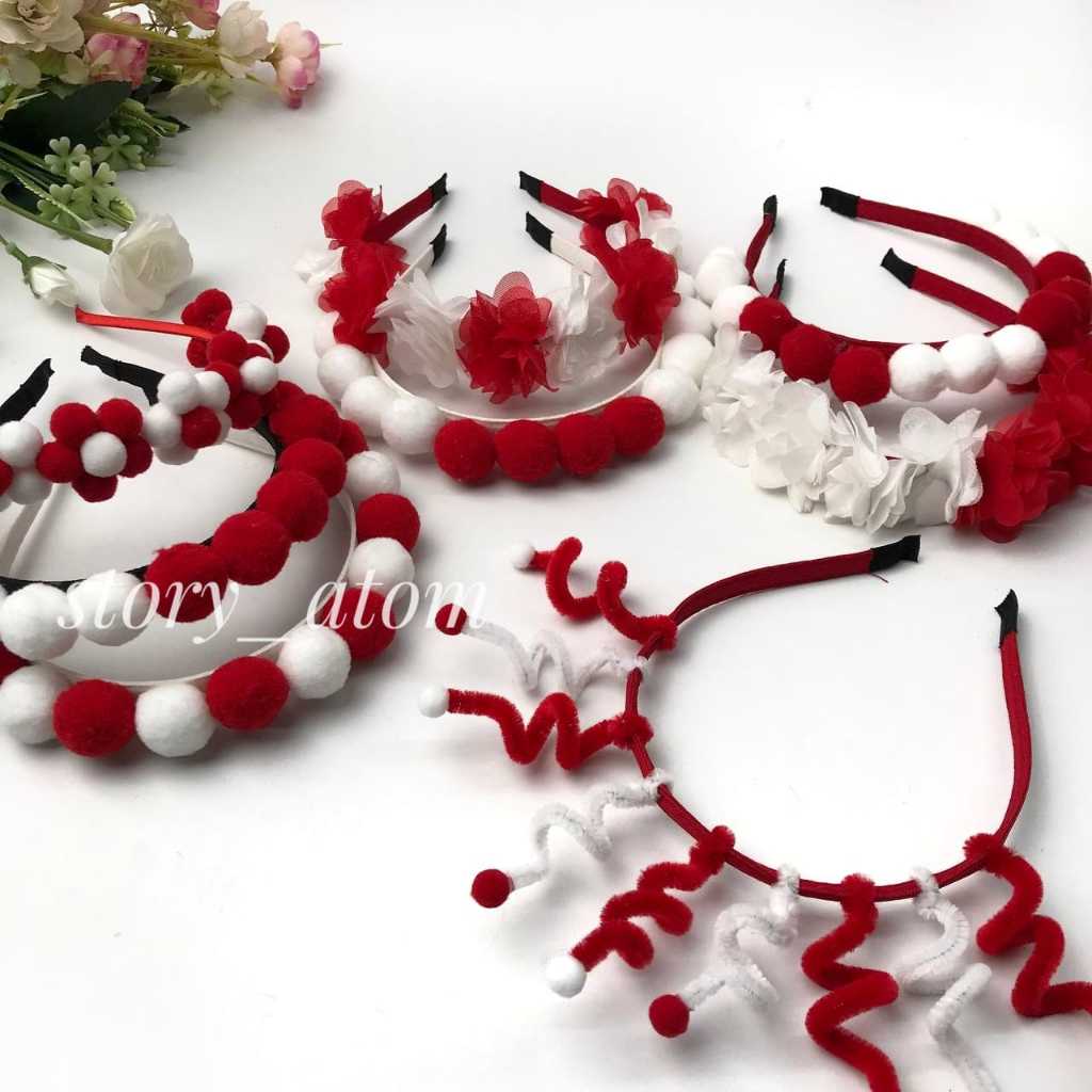 MERAH 1 PC - ชุดหูฟัง POM สีแดงและสีขาว | ที่คาดผม AUGUST | ชุดหูฟัง INDEPENDENCE AUGUST 17