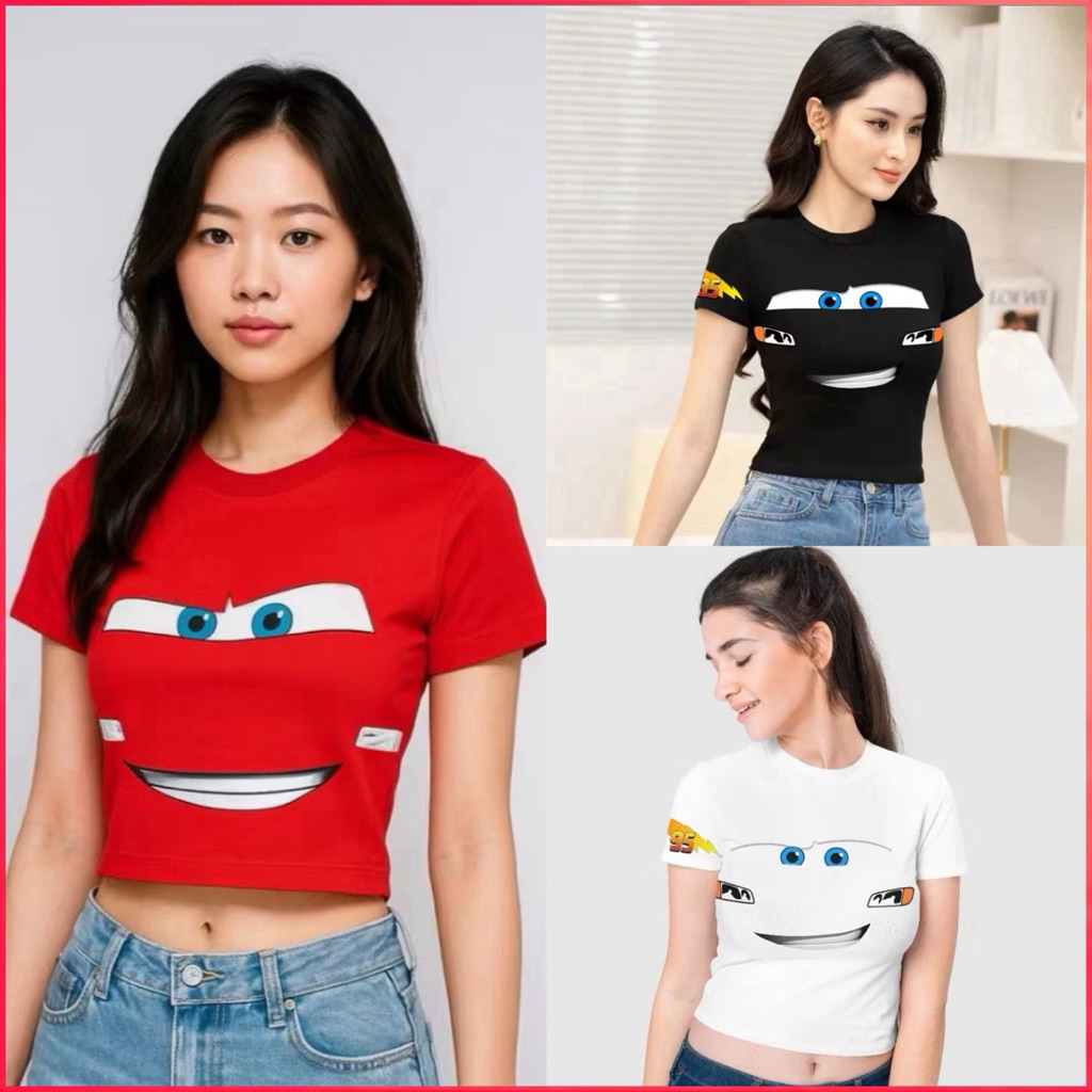 เสื้อยืดครอปผู้หญิง Pariroo ลาย Lightning McQueen Cars 3D | เสื้อยืดแขนสั้นแฟชั่นนําเข้าเท่ๆ | เสื้อ