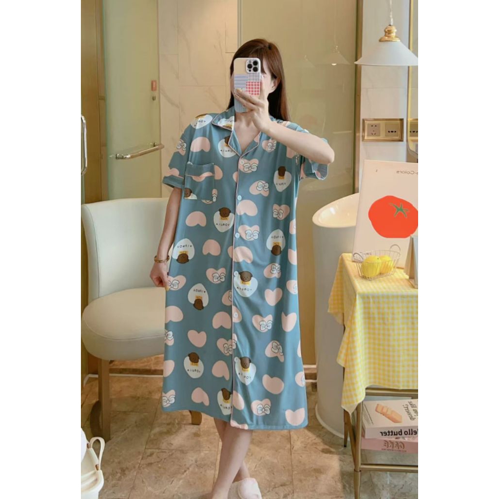 Daster Dress Pyjamas ชุดนอนยาวผู้หญิง Active Buttons onigiri bear Collar