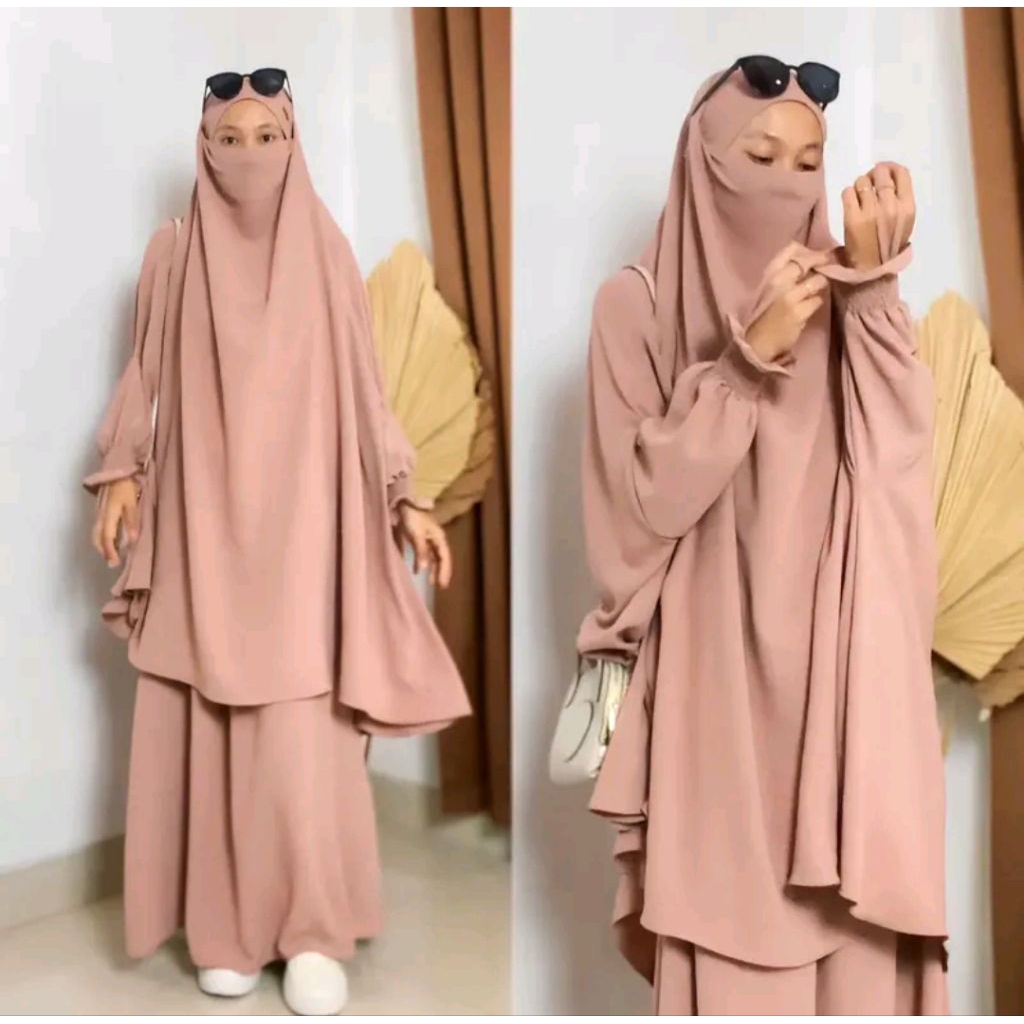 Inara one set crinkle Airflow set syari set French Khimar และกระโปรงฟรีปก veil เชือกหนึ่งชุด hajj um