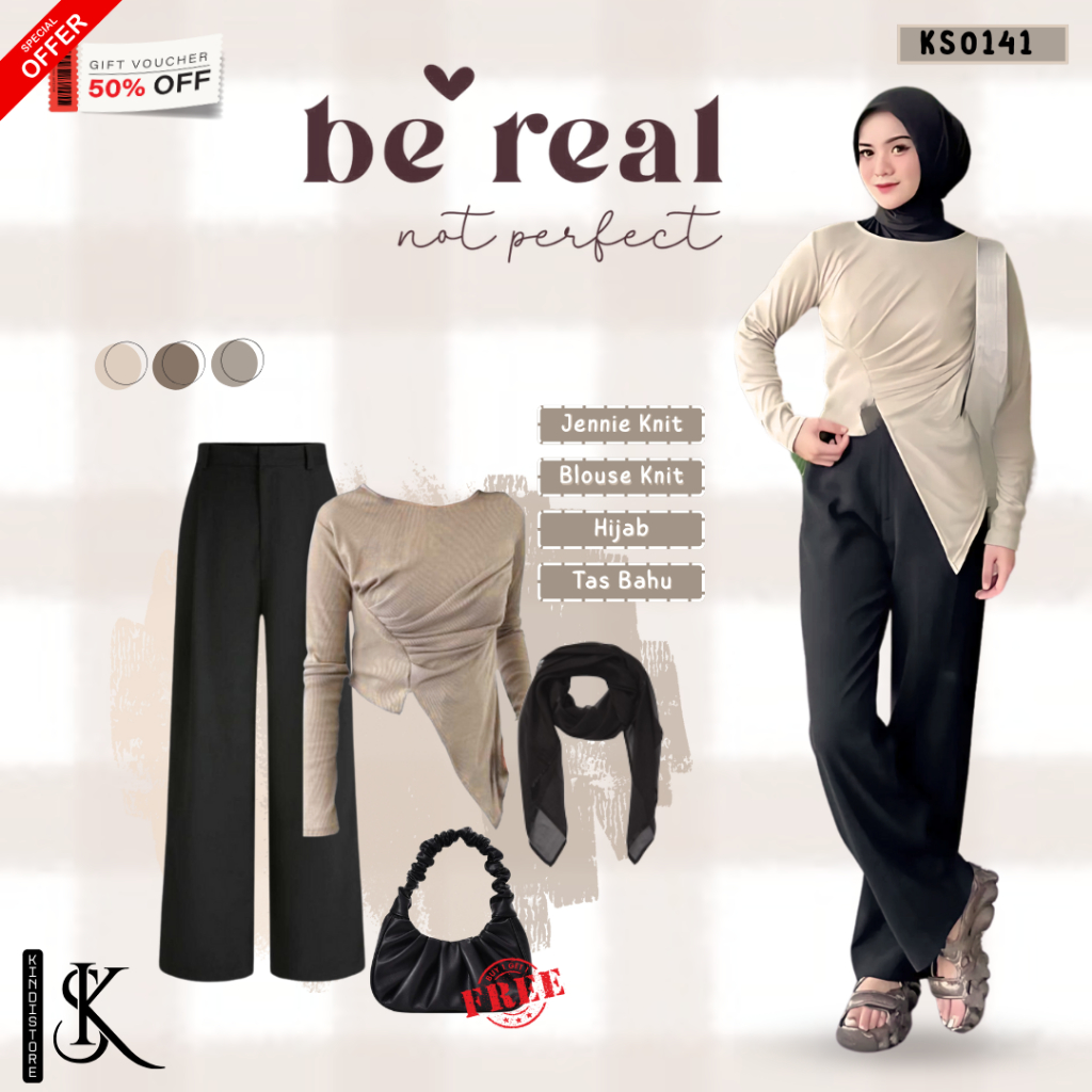Modern Womens Outfit Set (Blouse, Jennie Knit, Hijab, Drawstring Shoulder Bag) One Set Vintage KS014