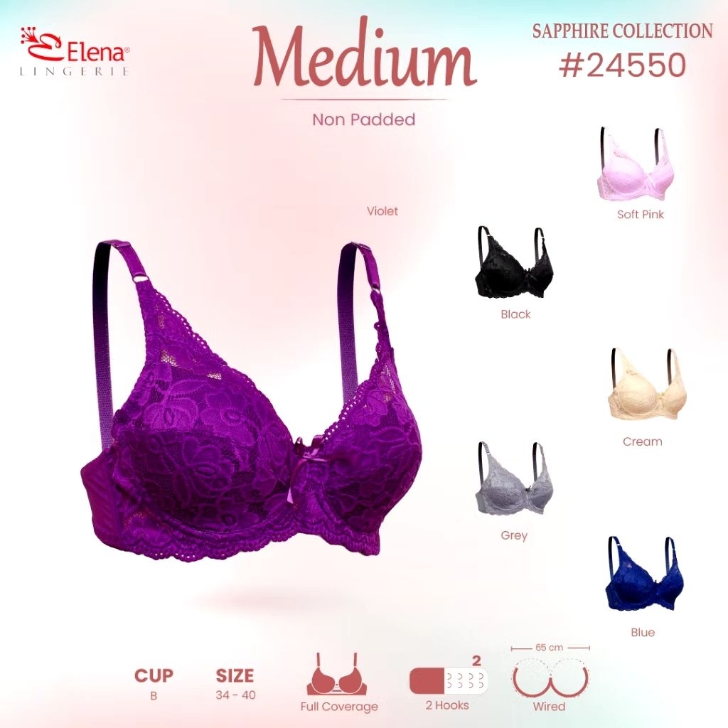 Elena Bra BH Underwire Thin Wind Foam Cup B Medium E 24550 - 34B - 40B Bra Hook 2 Full Cup Soft Broc