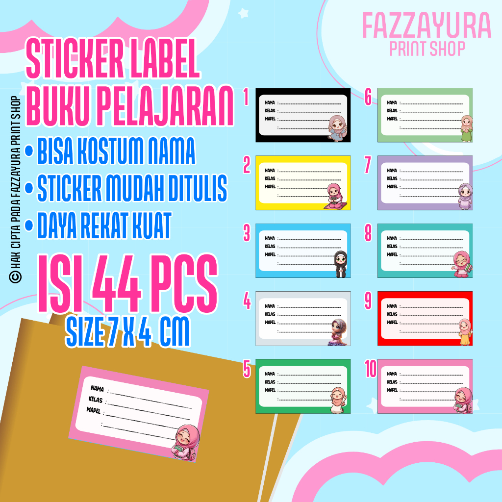 ISLAMIC GIRLS THEME BOOK LABEL STICKER | เนื้อหา 44 ชิ้น ขนาด 7x4 ซม