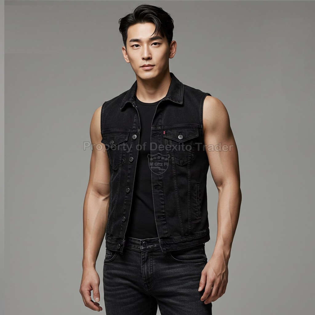 เสื้อกั๊กยีนส์สีดําทรงสลิมฟิตสําหรับผู้ชาย | เสื้อแจ็คเก็ตแขนกุดผู้ชายเท่ๆ แบบหนา พรีเมี่ยม สไตล์เกาหลี