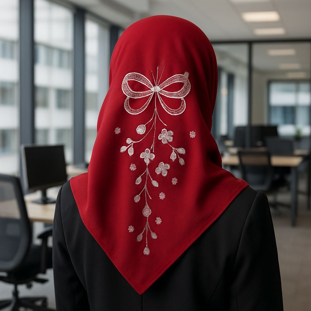 MERAH Bella Red Ribbon Hijab ปักสีขาว / Bella Red and White Ribbon Hijab