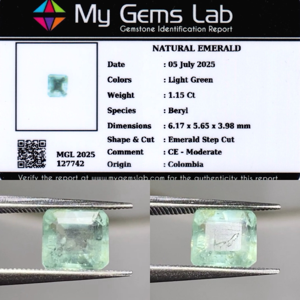 1,15 cs Natural Colombia Emerald Beryl (Zamrud) CE Moderate Memo My Gems Lab