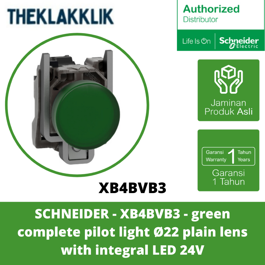 SCHNEIDER - XB4BVB3 - ไฟนักบินครบชุดสีเขียว เลนส์ธรรมดา Ø22 พร้อม integral LED 24V
