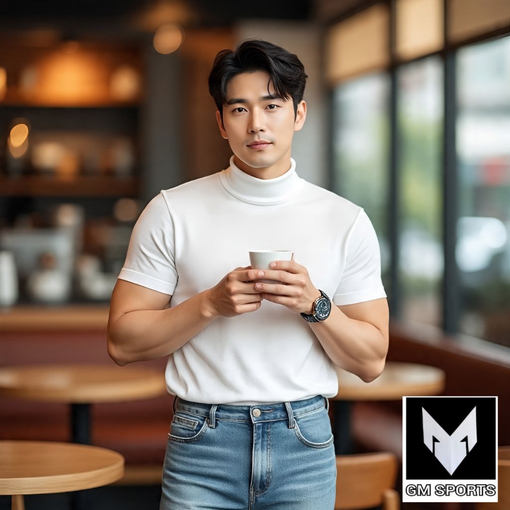 เบี้ยประกันภัย - เสื้อยืดคอเต่าแขนสั้นผู้ชาย / เสื้อเต่าคอสูงสไตล์เกาหลี / เสื้อยืดคอปกสูง