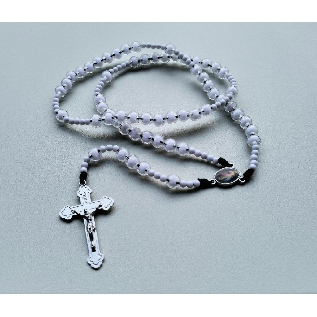 R73 ROSARY PEARL CONTENT WHITE BALL LUXURY SILVER CROSS CATHOLIC
