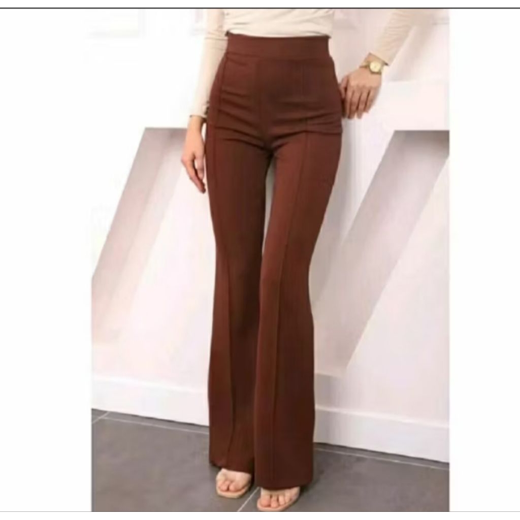 Premium Highwaist Womens Scuba Cutbray Long Pants - Flare Scuba Cubit Cutbray Pants รับประกัน tiba 2