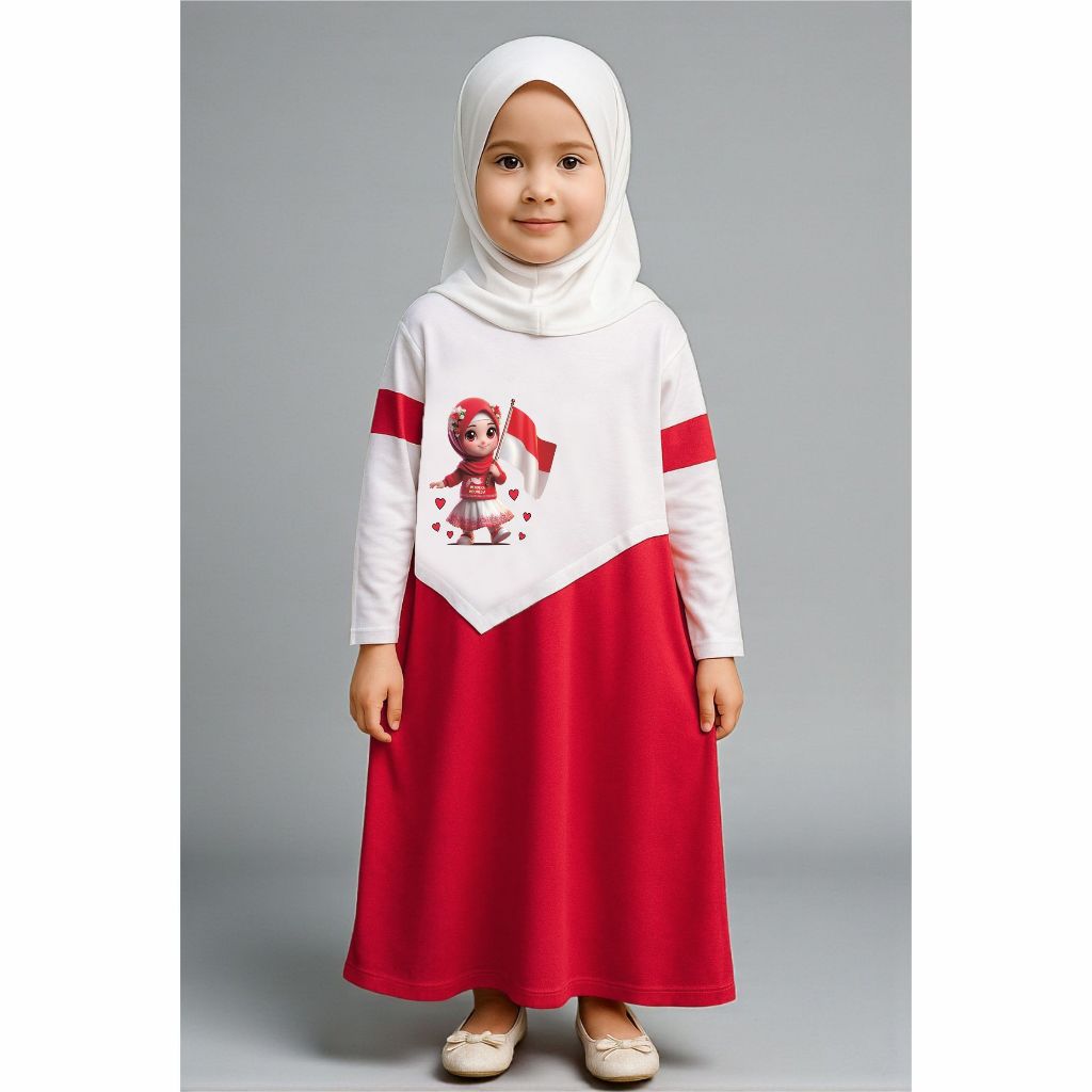 MERAH CKids Gamis for Girls เสื้อผ้ามุสลิม สีแดงขาว 17 สิงหาคม ลายการ์ตูน