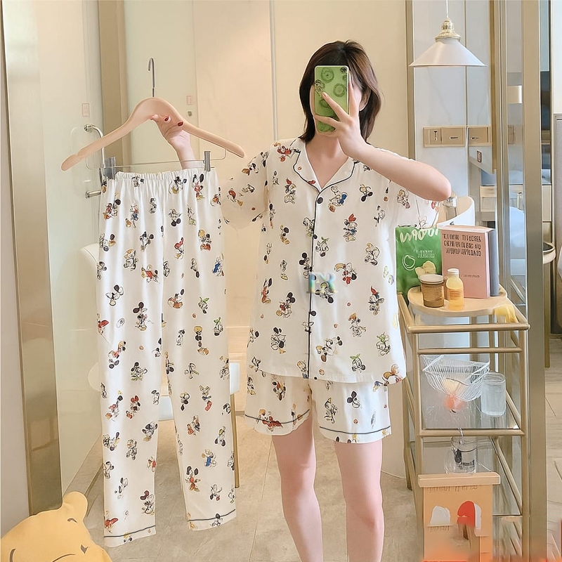 LNR Shop ชุด 3 in 1 กางเกง + ชุดนอนสั้นนําเข้าชุดนอนแขนสั้นเต็มปุ่ม Live Sinchan Mickey พร้อมกระเป๋า