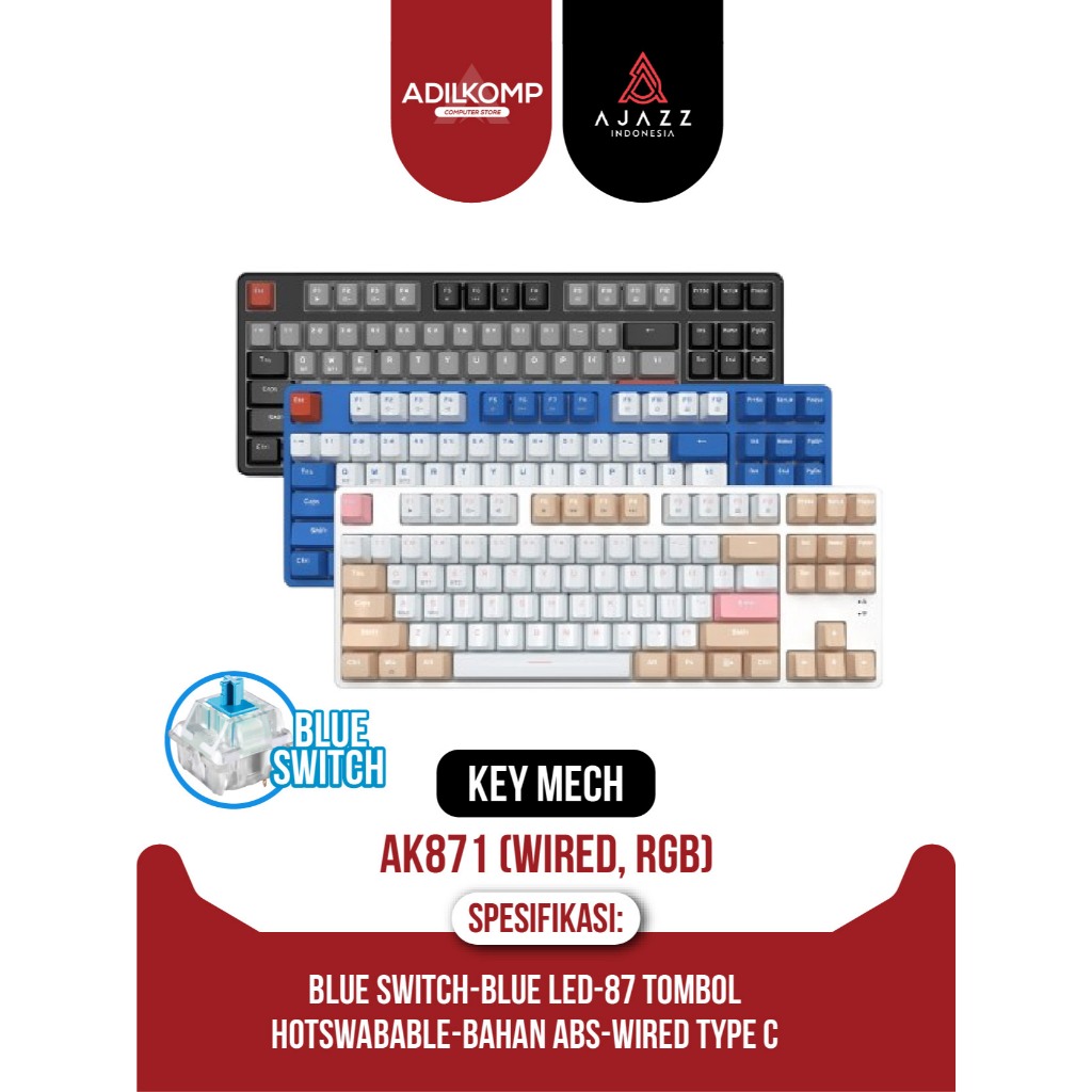 AJAZZ AK871 ELECTRIC KEYBOARD DUAL MODE WIRELESS และ BLUETOOTH (BLUE SWITCH) WHITE, BLUE / WHITE, BR