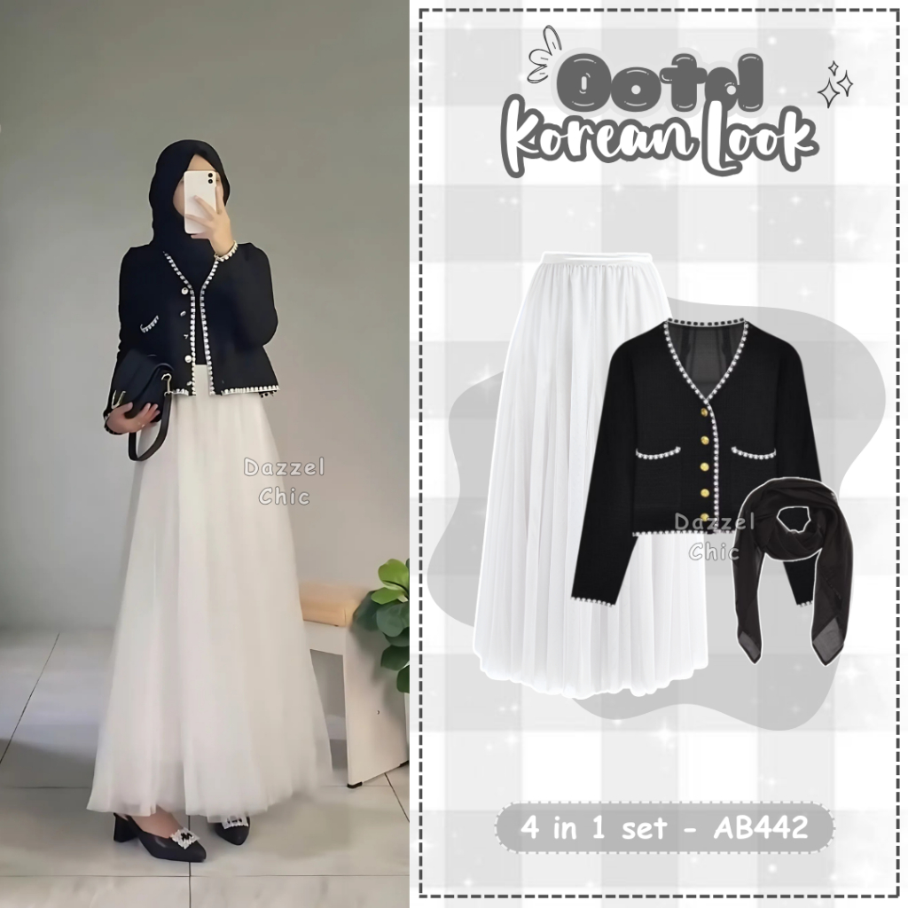DazzelChic 3in1 คาร์ดิแกนเกาหลี Top Contemporary Womens Suit (Bella Square+Cardigan+Tutu Skirt) to a