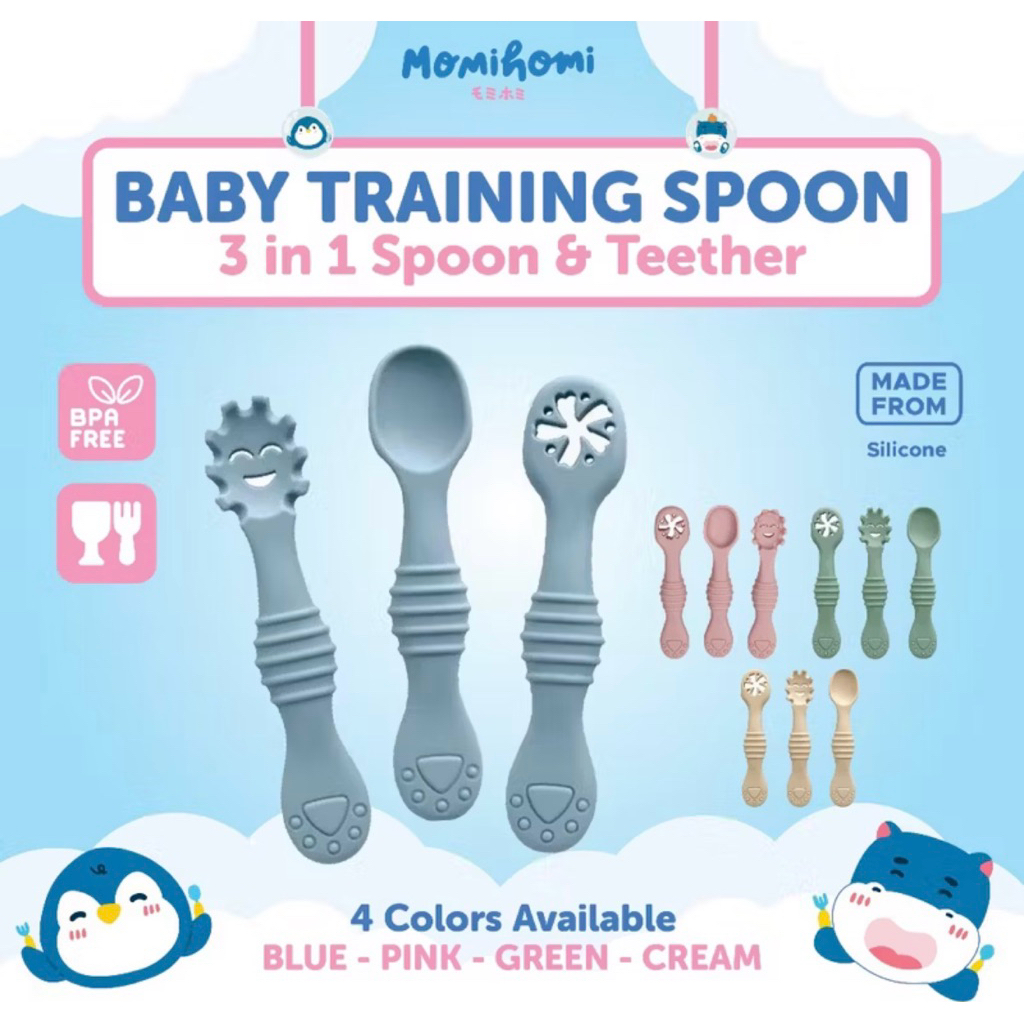 Momi Homi Training Spoon 3018 ช้อนซิลิโคนและยางกัด อุปกรณ์ฝึกป้อนอาหารเด็กซิลิโคนระดับพรีเมียม อุปกรณ์ MPASI