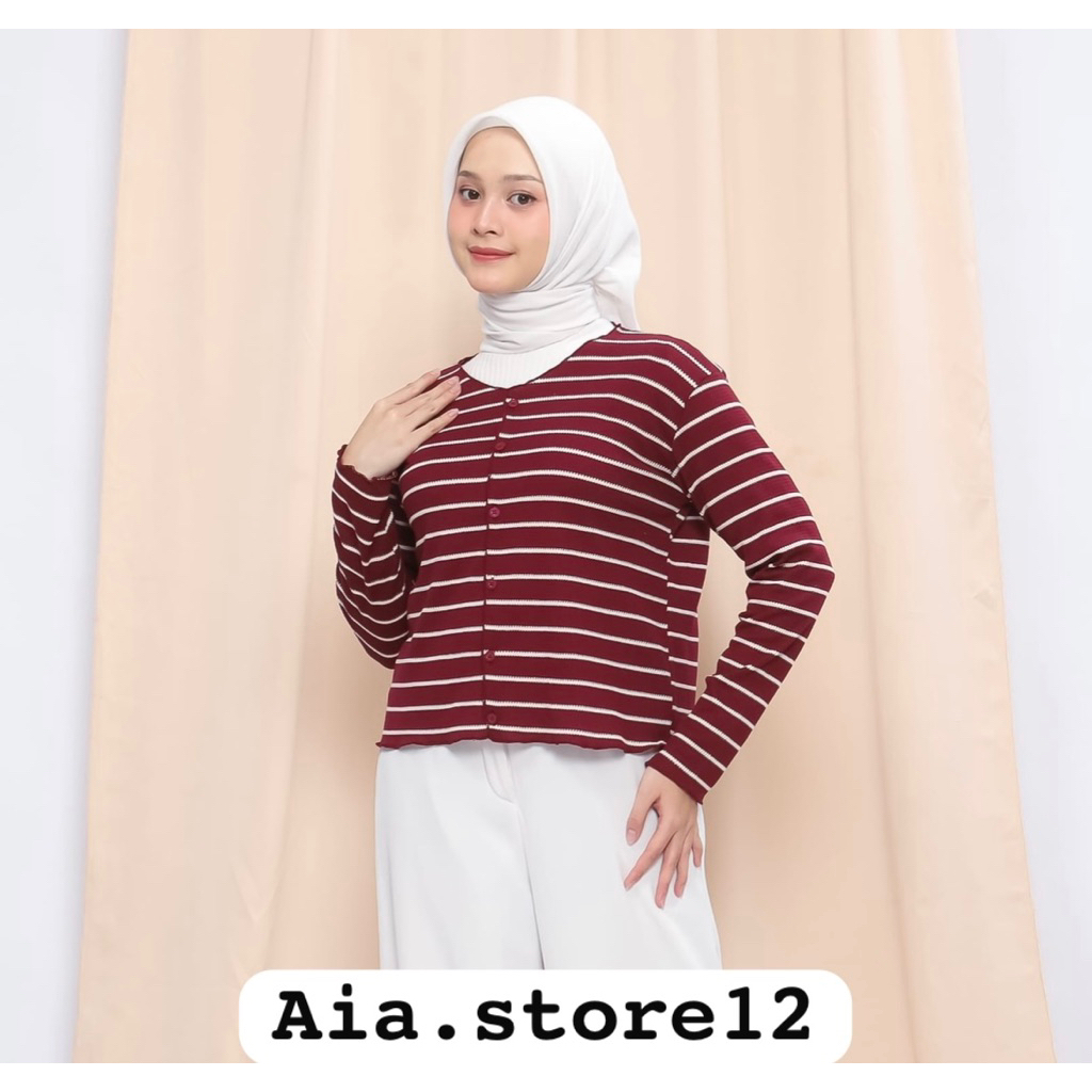 Aia.Store12 | เสื้อคาร์ดิแกนวาฟเฟิลลายทางสไตล์เกาหลี | เสื้อคาร์ดิแกนเสื้อครอปสําหรับผู้หญิง