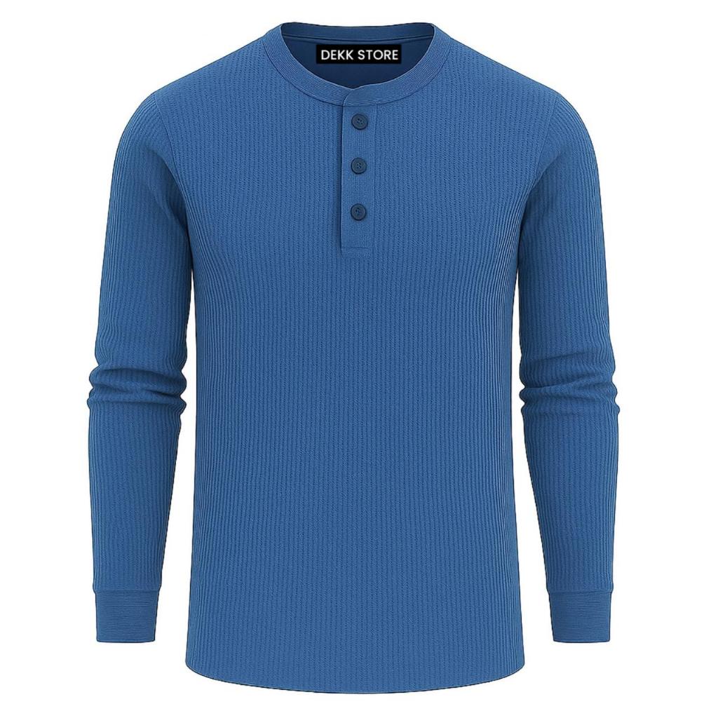 LONG-SLEEVED WAFFLE KNIT เสื้อยืด/PLAIN MENS KNIT BUTTON เสื้อยืด/WAFLE KNIT เสื้อยืด