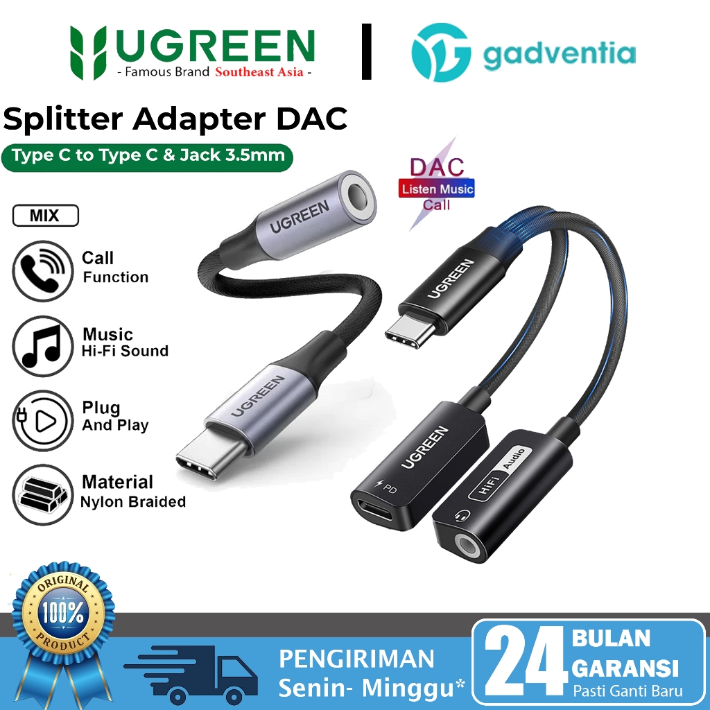 UGREEN Converter Splitter NON DAC/DAC Type C ถึงแจ็ค 3.5 มม.+ Type C ชาร์จเสียงโทร Android iPhone