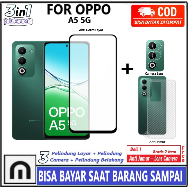 LAYAR 3in1 กระจกนิรภัยแพคเกจ Oppo A5 5G A5 4G คลุมทั้งหมด Anti-Scratch Glass เต็มหน้าจอป้องกันหน้าจอ