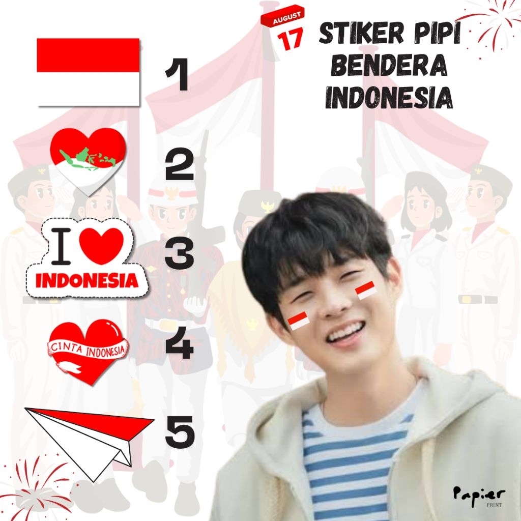 MERAH PAPIER - สติ๊กเกอร์แก้ม August 21 ชิ้น (ตัดแล้ว แค่ติด) - สติ๊กเกอร์แก้ม 17 สิงหาคมพร้อมธงแดงข