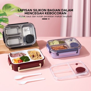 [2.0 Anti Tumpah Seri] ecentio lunch box 800ml Food Grade Plastic & Stainless Pengisian Dan Pemanasan Air 3 sekat kotak bekal anti tumpah dengan kotak sauce kecil 60ml & sendok sumpit untuk Kantor/Sekolah/Diet