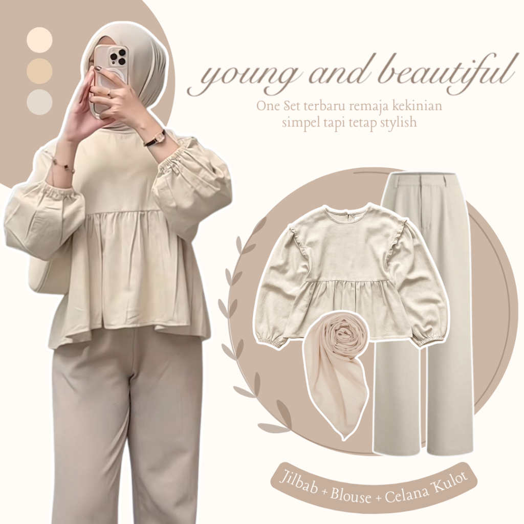 One Set 3in1 วัยรุ่นอินเทรนด์ (Blouse - Culottes - Square Hijab) สไตล์เกาหลี ZL73N