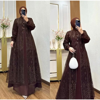 DENARA DRESS Gamis Muslim Brukat Wanita Mewah Matt Ceruty Babydol Mix Brukat Ful Puring Apk Swarosky