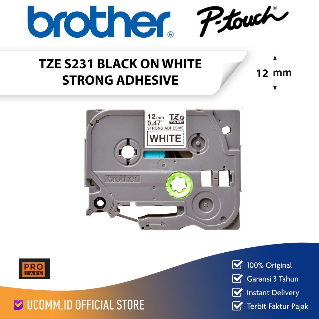 BROTHER Label Tape TZe-S231 12mm Strong Adhesive สีดําบนเทปฉลากสีขาว TZE S231 Strong กาวเดิม