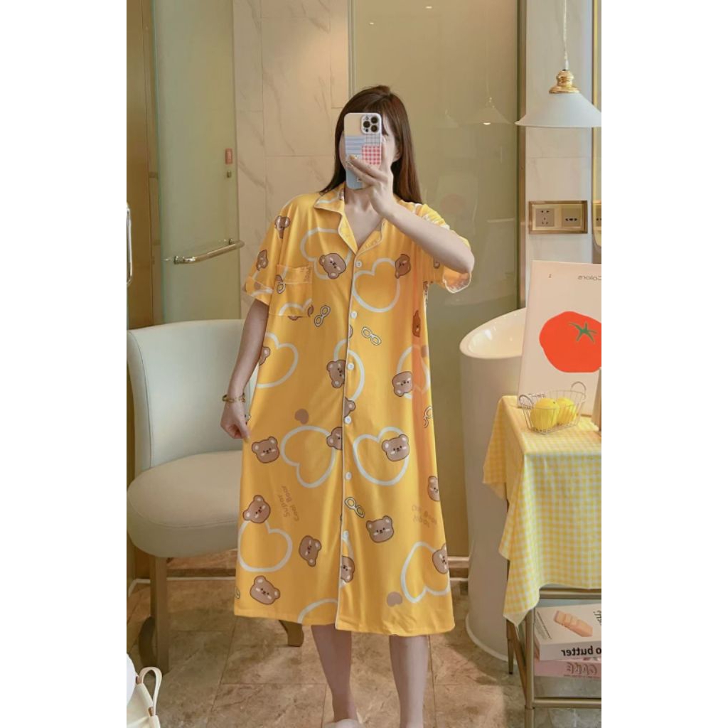 Daster Dress Pyjamas ชุดนอนสตรียาวปุ่ม Active mini Bear Collar