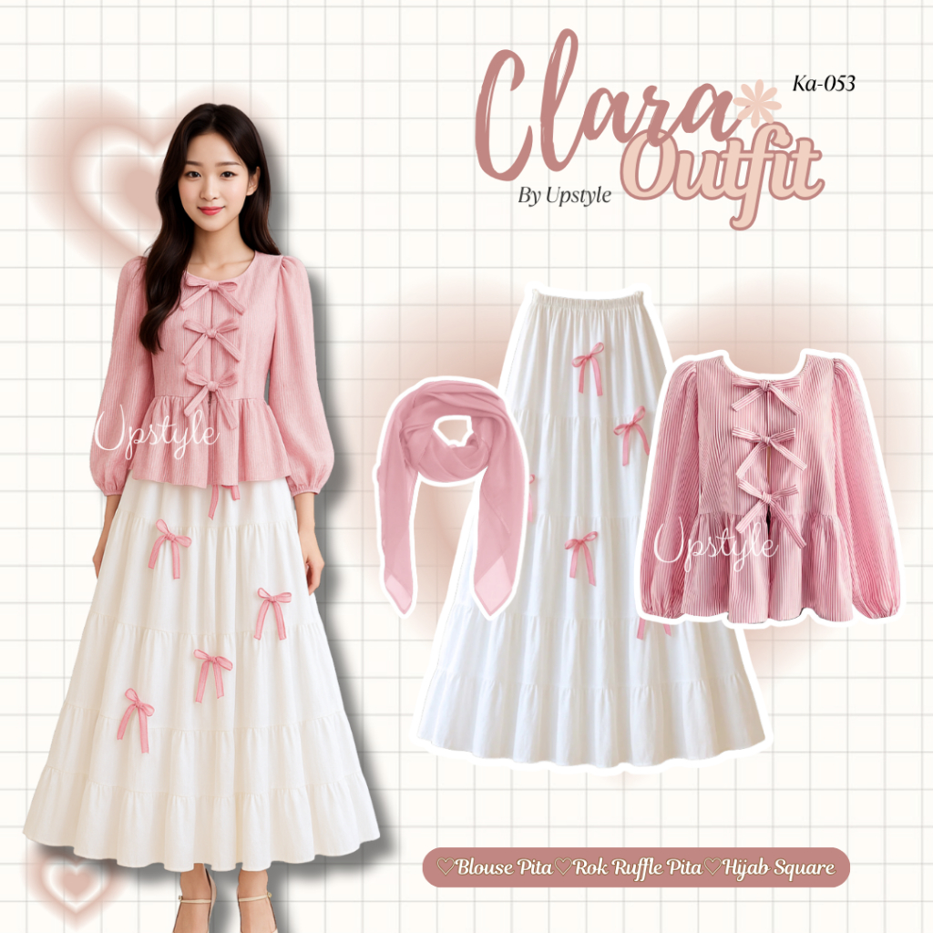 Upstyle - Cala Outfit Set สไตล์เกาหลี 3in1 ชุดผู้หญิงเกาหลี (เสื้อริบบิ้น + กระโปรงระบาย + Bella Squ
